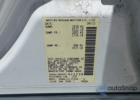 2015 Nissan Altima 2.5 Sv z USA, uszkodzony, nr VIN 1N4AL3AP4FC421239